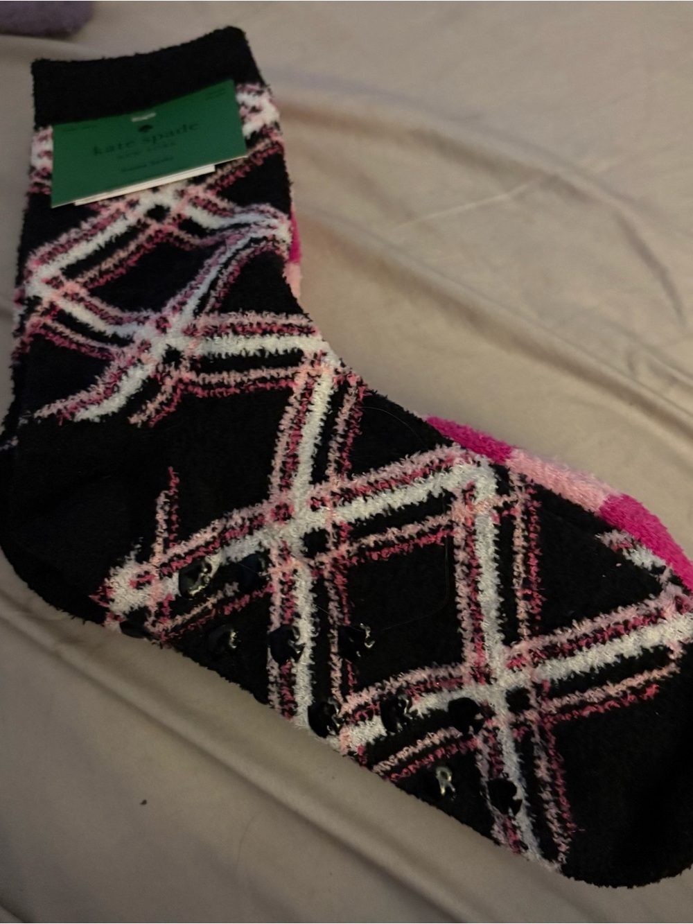 Kate Spade Warm Fuzzy Crew Slipper Socks (2 Pairs) Novelty Grippy Black/Pink OS